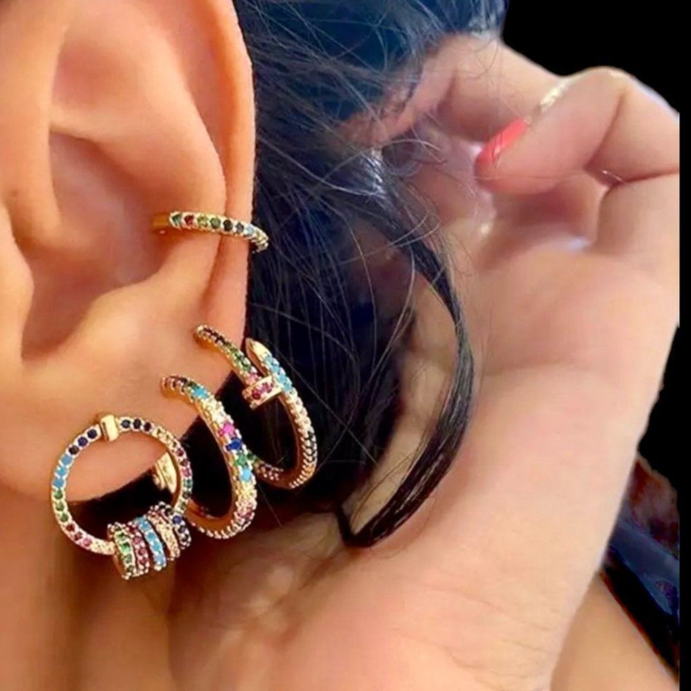 Rainbow Crystal Hoop Earrings Set of 4 NEW